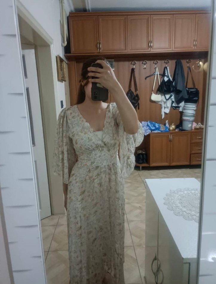 BSL Beyaz Bohem Uzun Elbise V Yakalı - Görsel 3