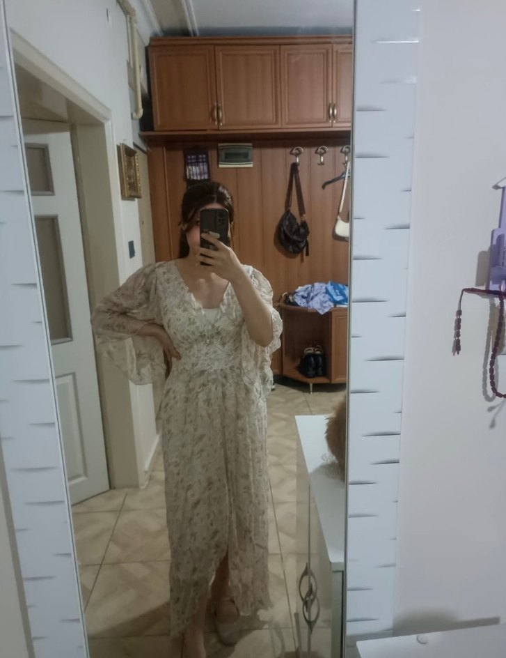 BSL Beyaz Bohem Uzun Elbise V Yakalı - Görsel 2