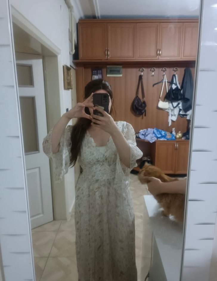 BSL Beyaz Bohem Uzun Elbise V Yakalı - Görsel 4