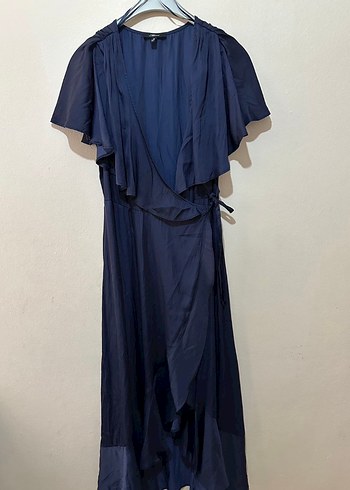 Lacivert V Yakalı Uzun Drapeli Elbise - Görsel 4