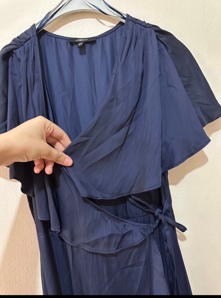 Lacivert V Yakalı Uzun Drapeli Elbise - Görsel 5