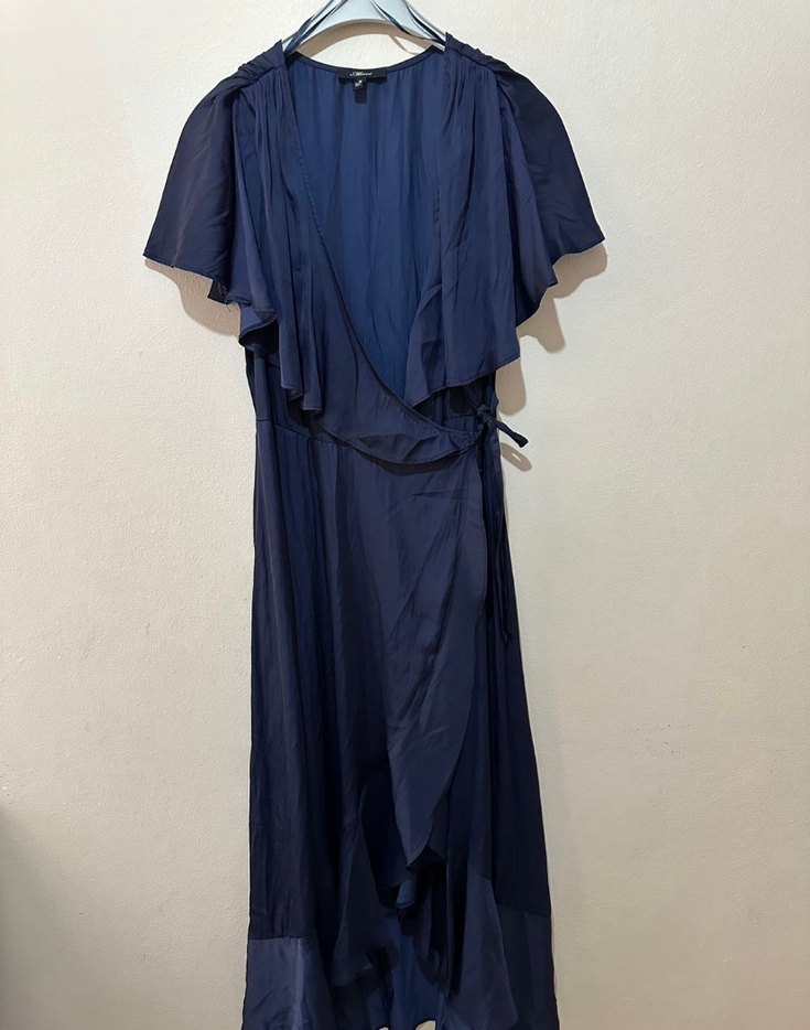 Lacivert V Yakalı Uzun Drapeli Elbise - Görsel 4