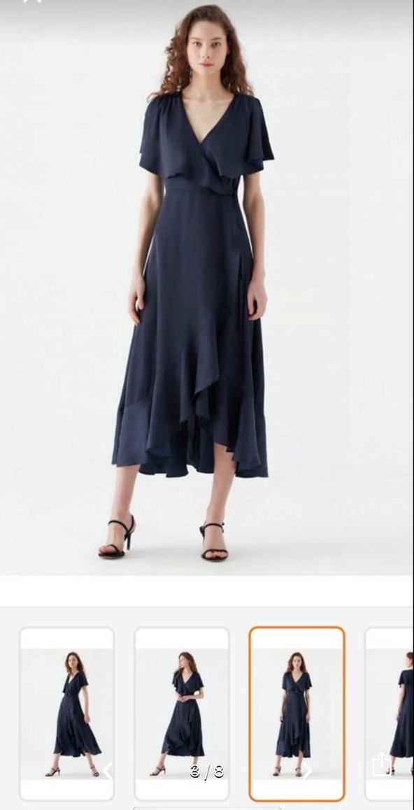 Lacivert V Yakalı Uzun Drapeli Elbise - Görsel 3