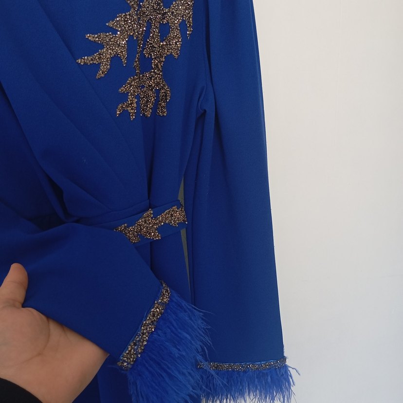 İşlemeli Drapeli Mavi Uzun Abiye - Görsel 4