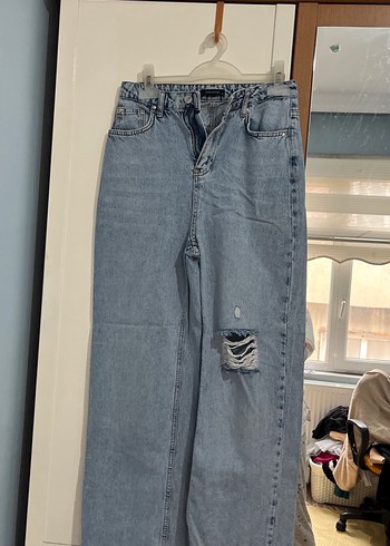 Kadın Gri Mavi Bol Kesim Midi Denim Pantolon