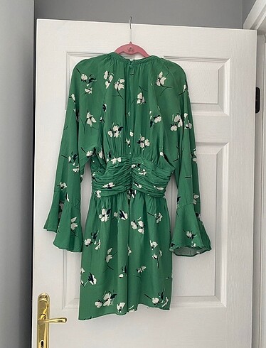 BSL FASHION BSL Yeşil Çiçekli Bolan Kol Mini Elbise