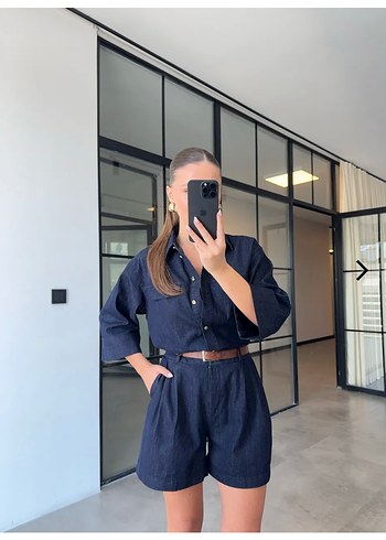 Diğer Kadın Lacivert Kemerli Kısa Denim Şort Gömlek Takım
