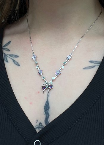 Silver Mor Çiçekli Çelik Kolye - Görsel 2