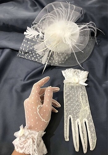 Beyaz puantiyeli Nikah şapka-eldiveni