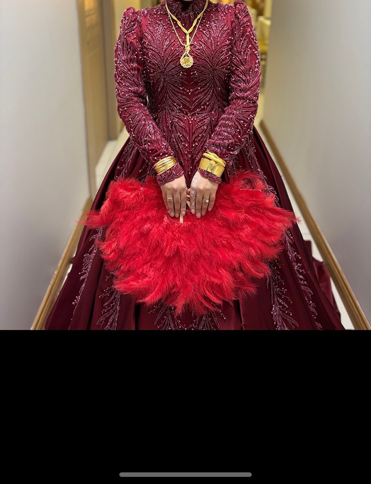 Bordo İşlemeli Uzun Abiye Elbise - Görsel 2