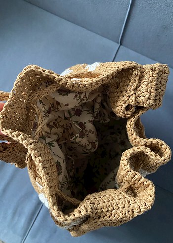 Püsküllü Bej Örgü Bohem Çanta - Görsel 2