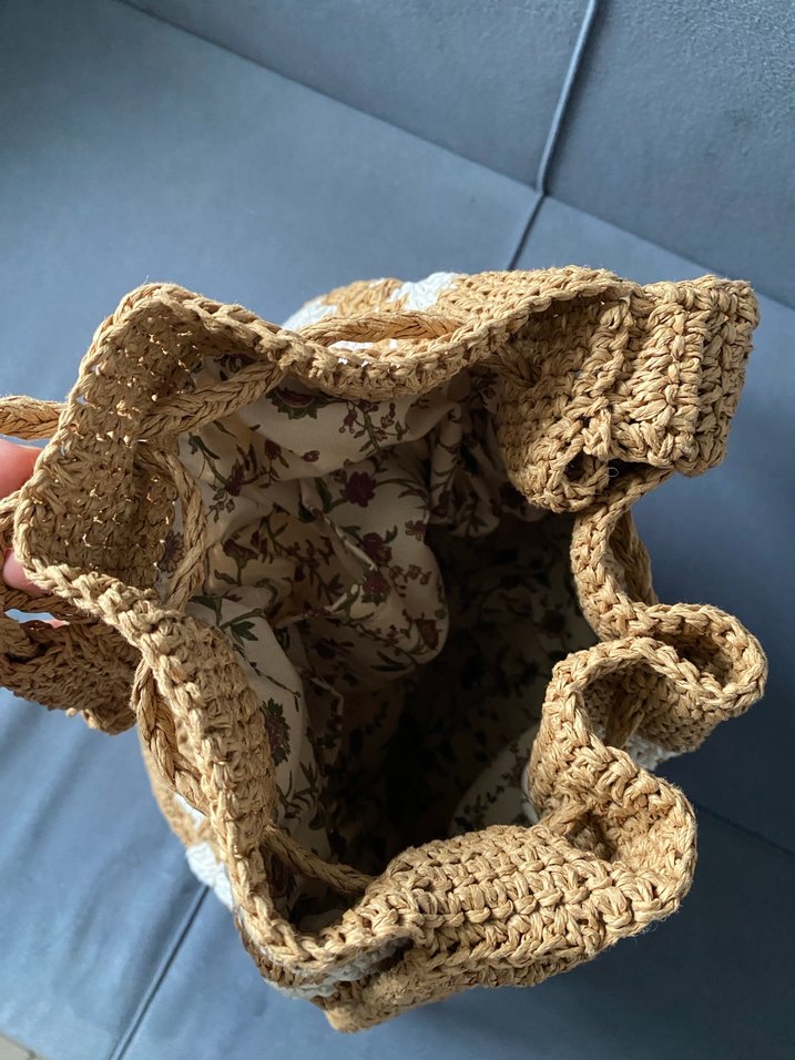 Püsküllü Bej Örgü Bohem Çanta - Görsel 2