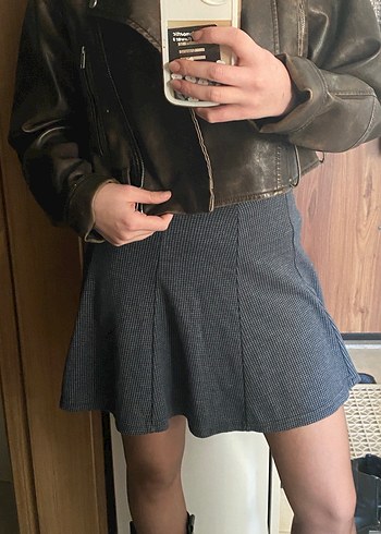 Gri Deri Pileli Mini Etek - Görsel 2