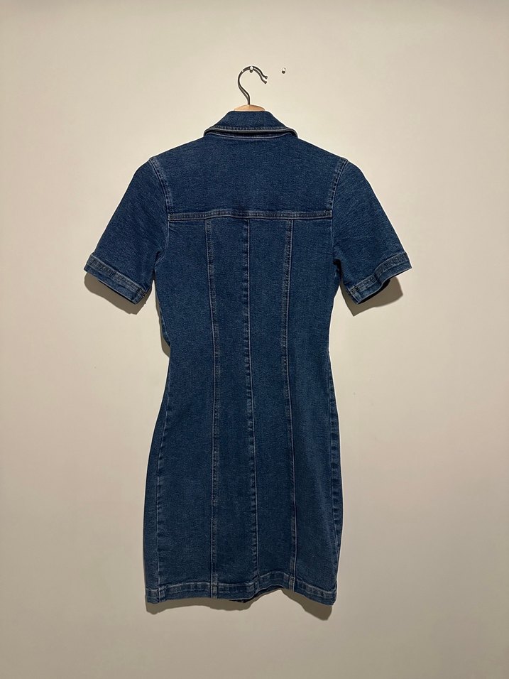 Adl Düğmeli Lacivert Kısa Kollu Denim Elbise - Görsel 2