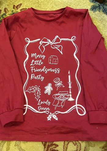 Bordo Uzun Kollu Baskılı Kız Tişörtü - Görsel 2