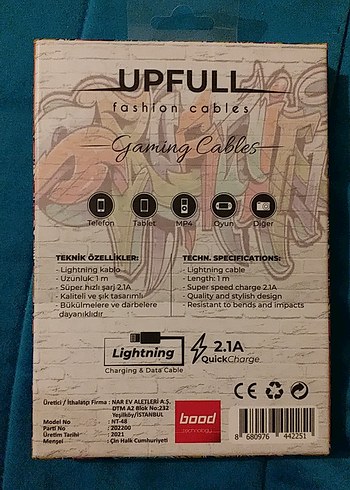 UPFULL Siyah Lightning Şarj Kablosu 1m - Görsel 2