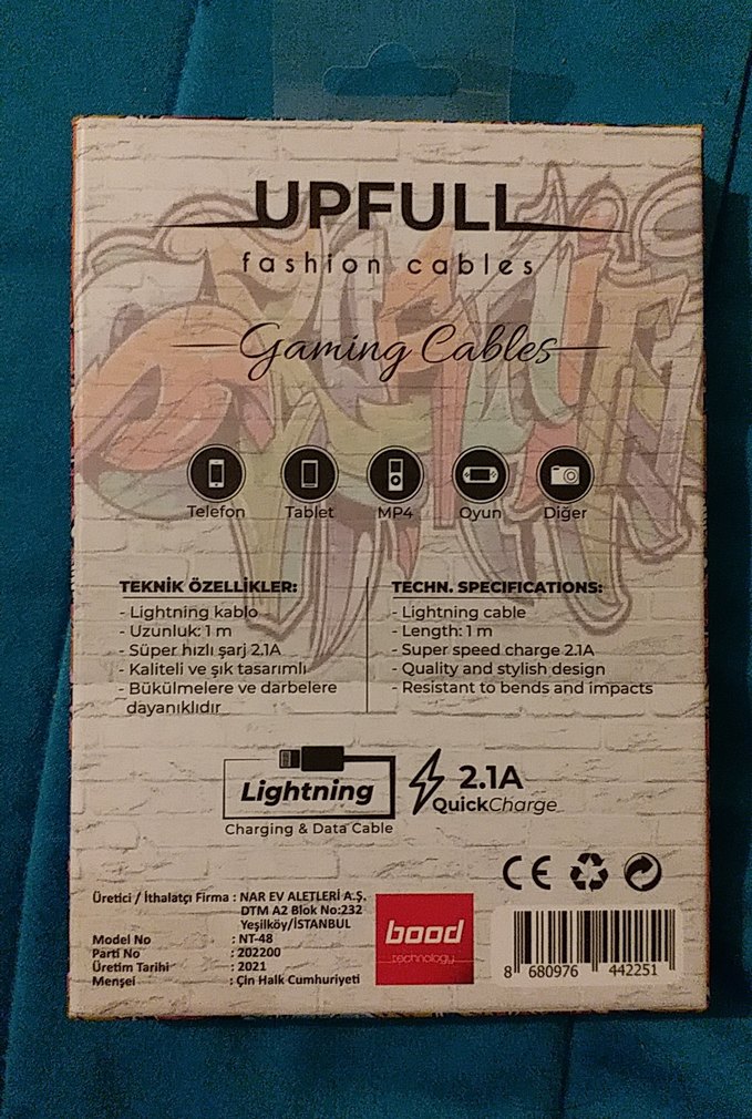 UPFULL Siyah Lightning Şarj Kablosu 1m - Görsel 2