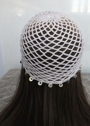 Beyaz Dantel Örgü Bohem Kadın Şapka - Görsel 2