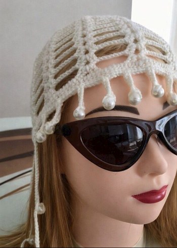 Dantel Detaylı Beyaz Örgü Bohem Kadın Şapka - Görsel 2