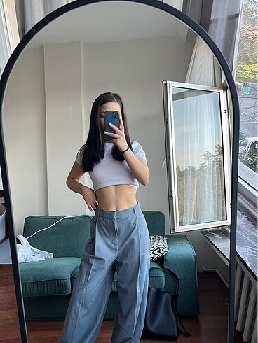 xs Beden mavi Renk ZARA ETİKETLİ YÜKSEK BEL WIDE LEG KUMAŞ PANTOLON