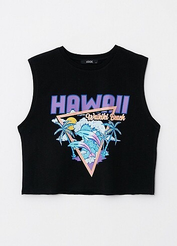 Bisiklet Yaka Hawaii Baskılı Crop T-Shirt