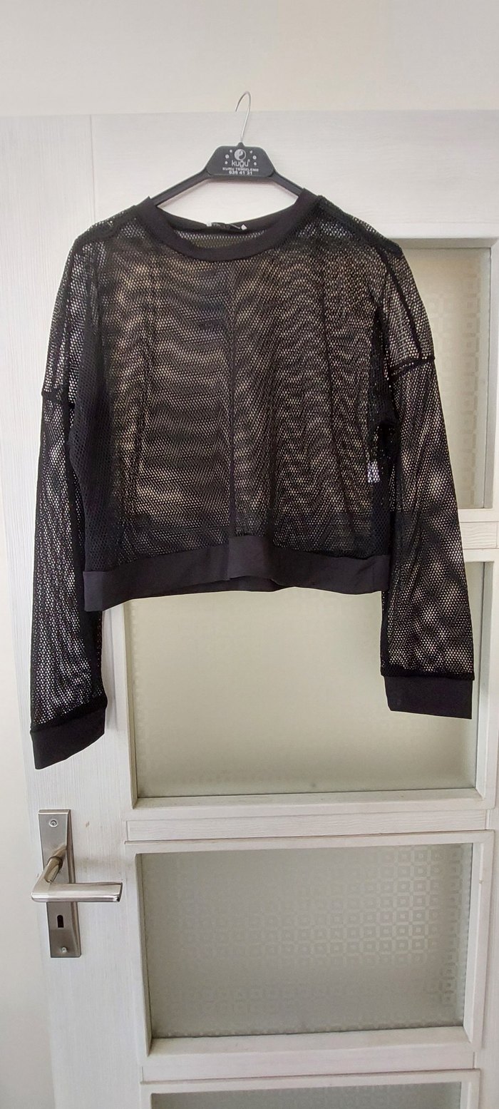 Siyah Uzun Kollu File Crop Üst - Görsel 2