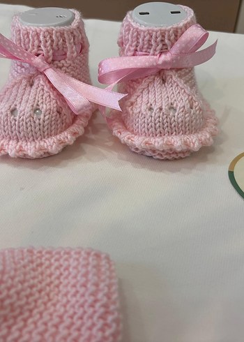 0-3 Ay Beden Kız Çocuk Örgü Pembe yelek patik bandana