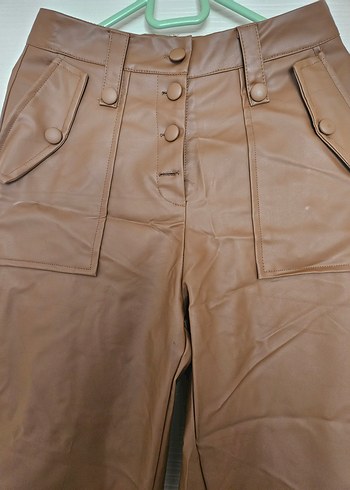 36 beden Düğmeli Kahverengi Deri Kadın Pantolon - Görsel 2