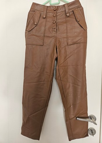 36 beden Düğmeli Kahverengi Deri Kadın Pantolon - Görsel 6