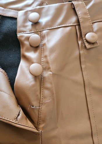 36 beden Düğmeli Kahverengi Deri Kadın Pantolon - Görsel 4