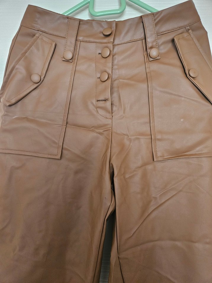 36 beden Düğmeli Kahverengi Deri Kadın Pantolon - Görsel 2