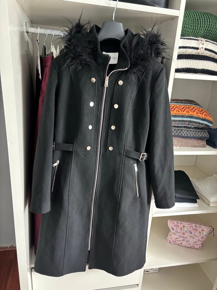 Kürklü Siyah Midi Hamile Kaban - Görsel 5