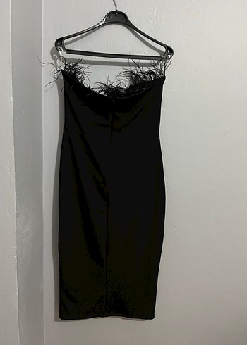 Siyah Kürklü Straplez Uzun Abiye Elbise - Görsel 6