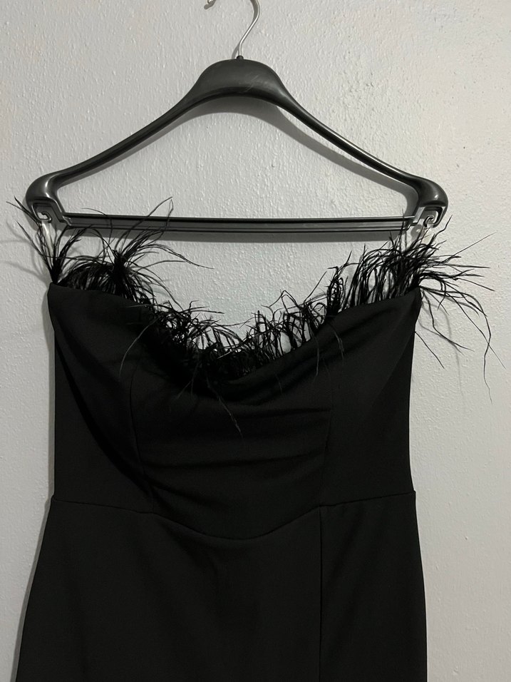 Siyah Kürklü Straplez Uzun Abiye Elbise - Görsel 2