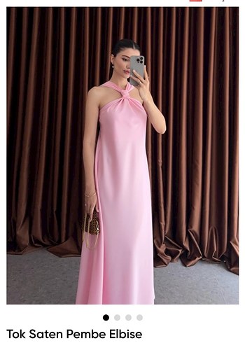 Pembe Uzun Saten Elbise