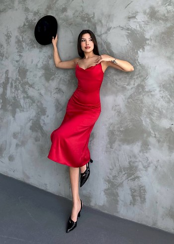 Parlak Kırmızı Drapeli Mini Abiye Elbise - Görsel 4