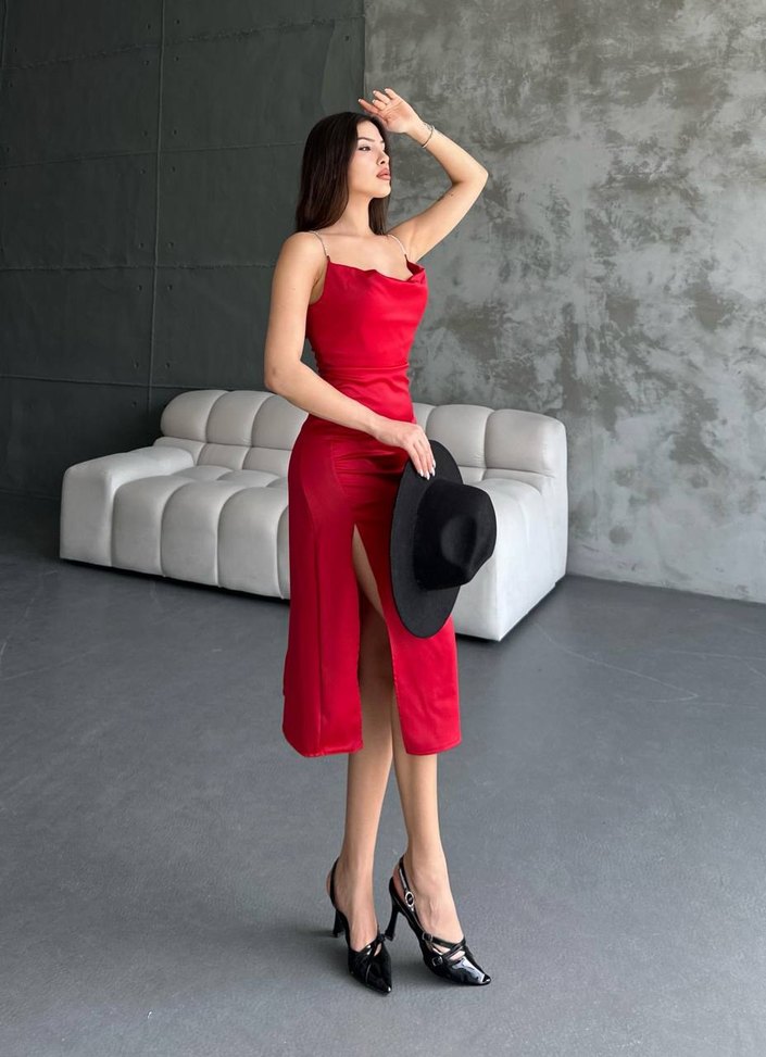 Parlak Kırmızı Drapeli Mini Abiye Elbise - Görsel 2