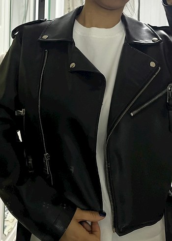 Kadın Siyah Deri Biker Ceket - Görsel 5