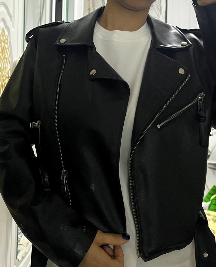 Kadın Siyah Deri Biker Ceket - Görsel 5