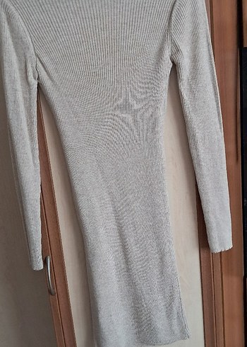 V Yaka Bej Triko Uzun Kollu Elbise - Görsel 4