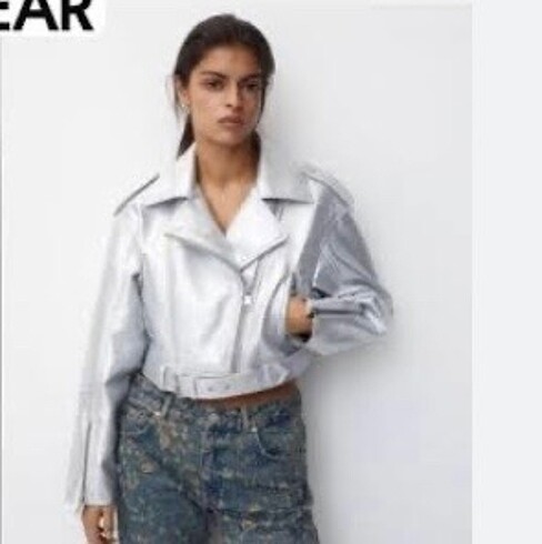 Pull and Bear Gümüş Biker Deri Ceket