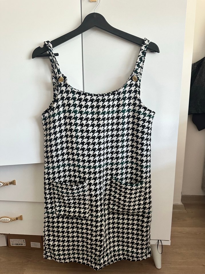 Düğmeli Ekose Desenli Askılı Kadın Tulum - Görsel 2