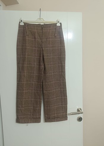 m Beden Kahverengi Kareli Kumaş Kadın Pantolon