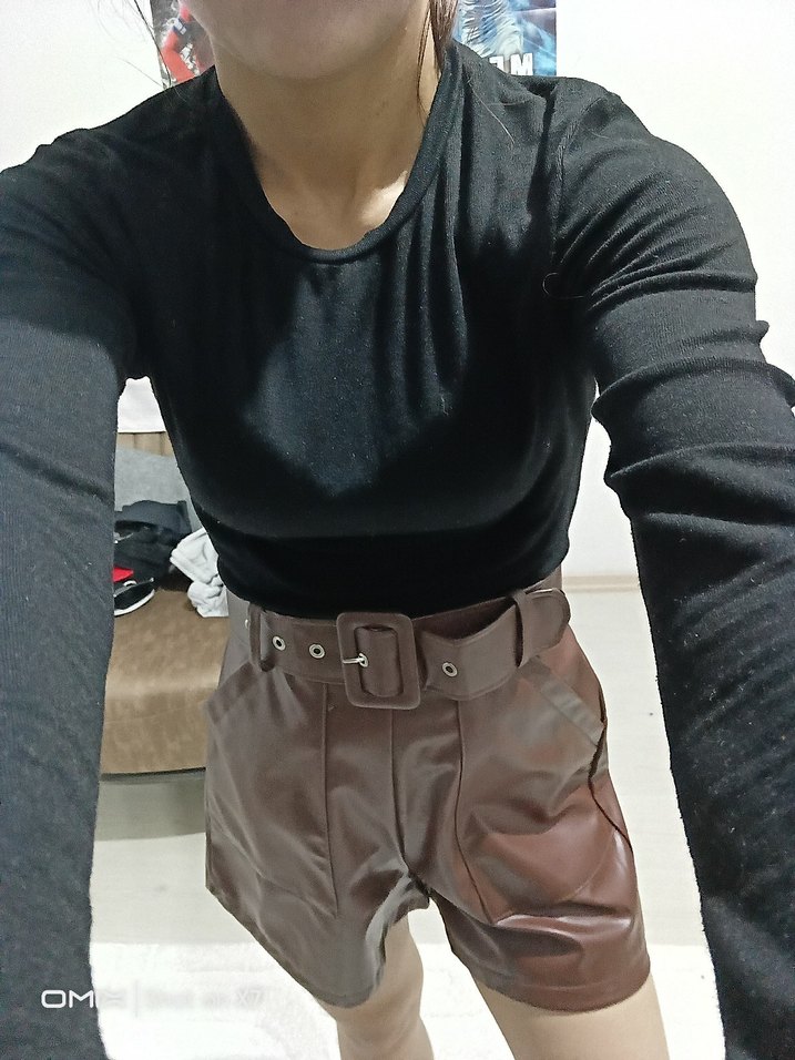 Kahverengi Kemerli Deri Kadın Şort - Görsel 3