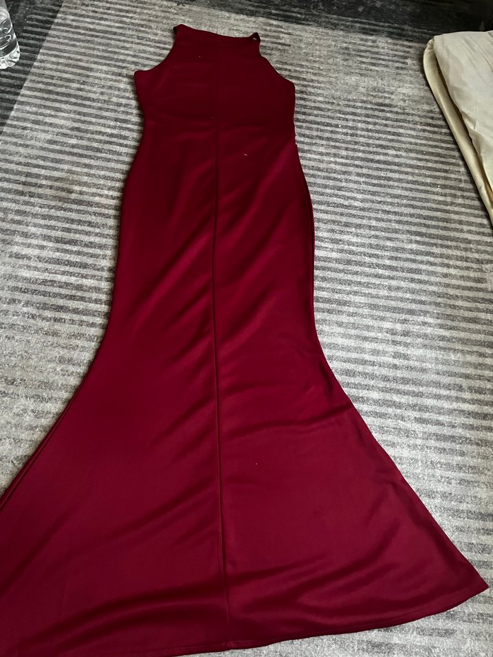 Bordo Uzun Drapeli Kolsuz Abiye Elbise - Görsel 4