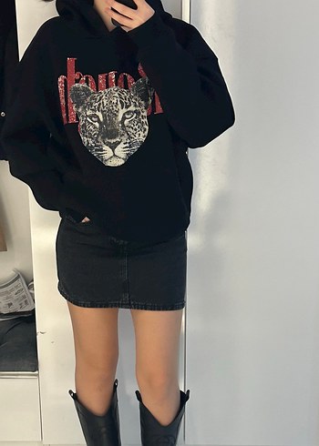 Leopar Detaylı Siyah Sweatshirt - Görsel 3