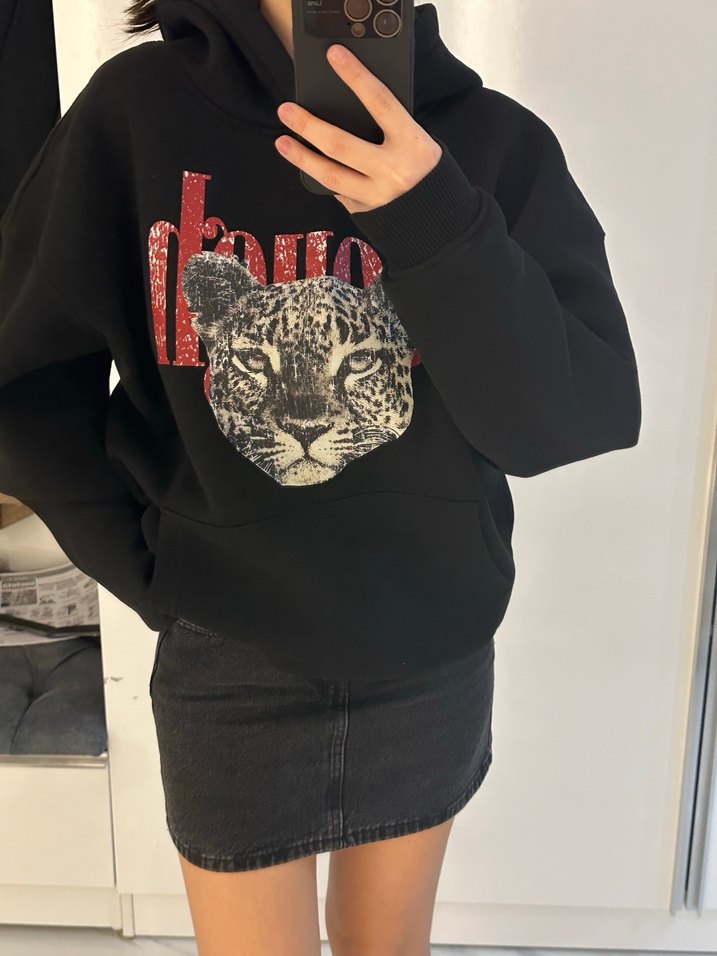 Leopar Detaylı Siyah Sweatshirt - Görsel 5