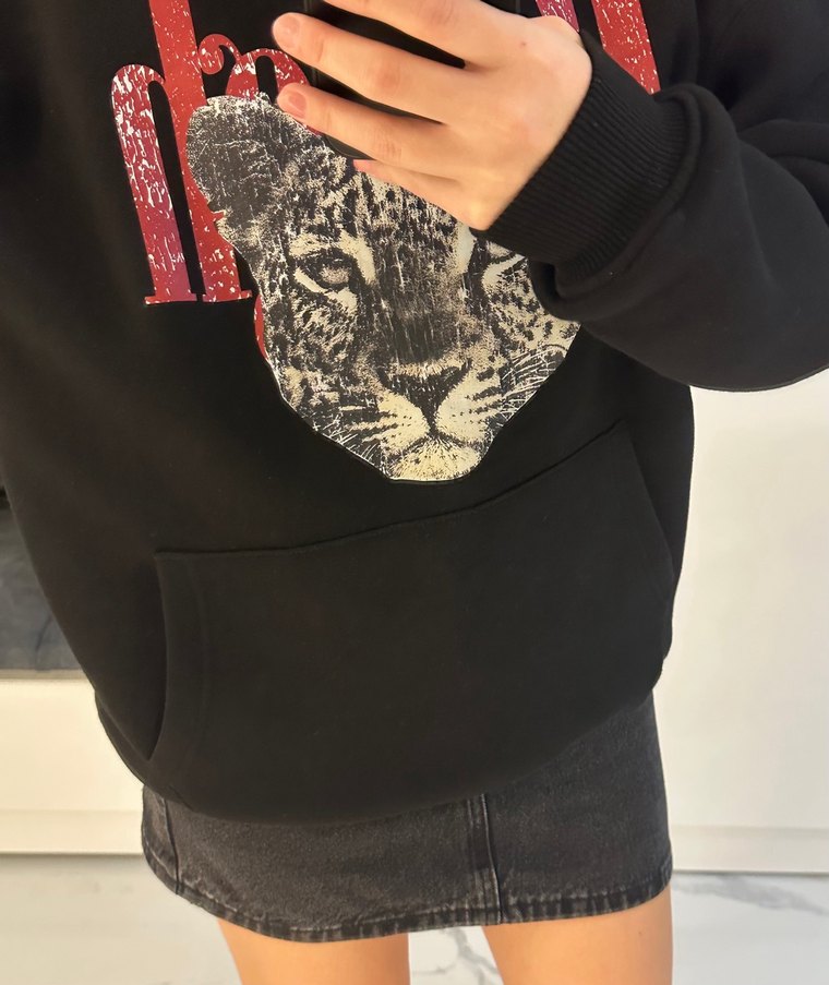 Leopar Detaylı Siyah Sweatshirt - Görsel 4