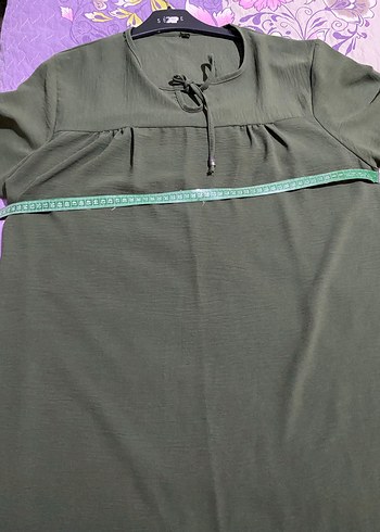 Kadın Haki Keten Midi Tunik, Düğmeli, Uzun Kollu - Görsel 4