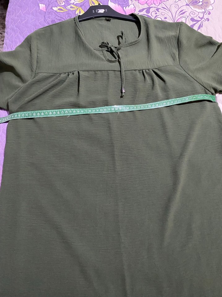 Kadın Haki Keten Midi Tunik, Düğmeli, Uzun Kollu - Görsel 4